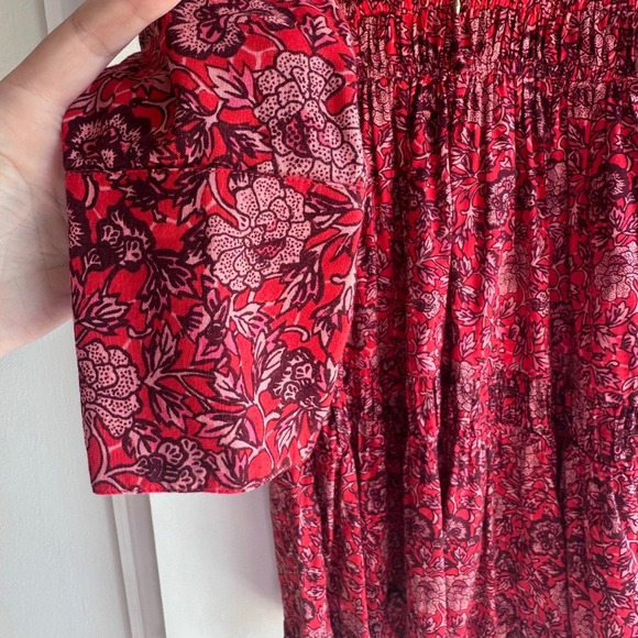 Ulla Johnson Red Floral Print Smocked Waist Tiered Ruffle Dress Size 2 - Picture 3 of 8